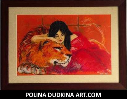 Polina Dudkina original woman seated with a lion Ukrainian painting
